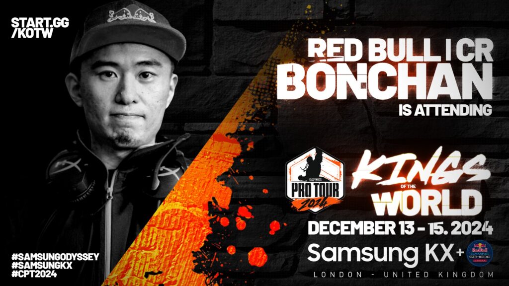 The poster shows Bonchan, one of the top players attending the Street Fighter 6 esports event King of the World: Capcom Cup 11 Premier qualifier