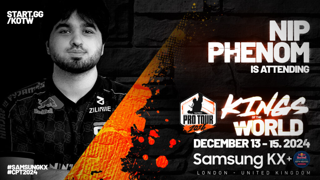 The poster shows Phenom, one of the top players attending the Street Fighter 6 esports event King of the World: Capcom Cup 11 Premier qualifier