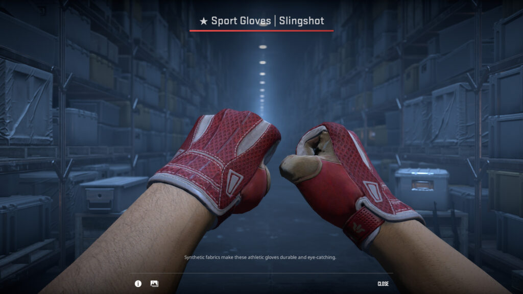 CS2: Sport Gloves Slingshot, a pair of red and white gloves.
