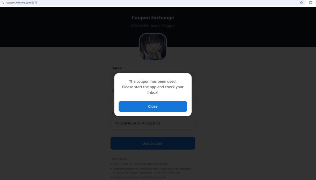 Enter your CS Code and redeem code via website to claim rewards.