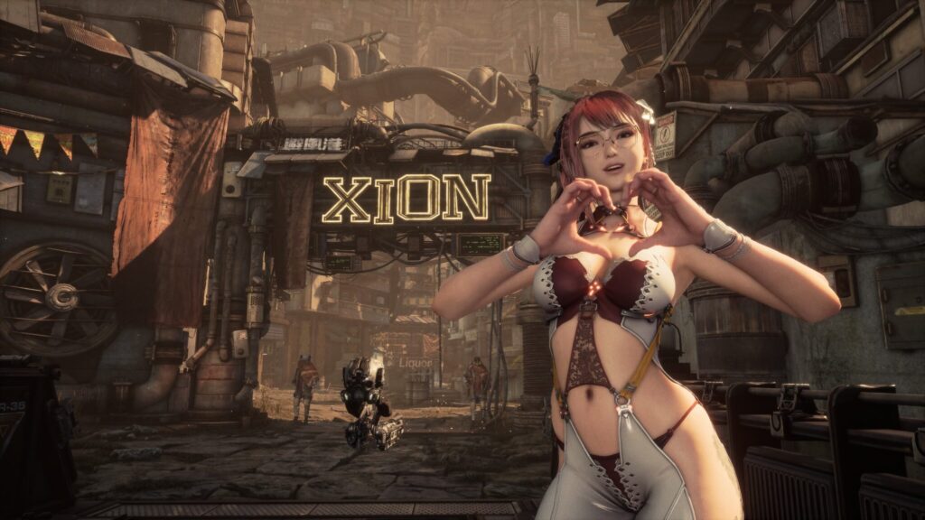 EVE posing in the Neurolink skin infront of a Xion neon sign in Stellar Blade