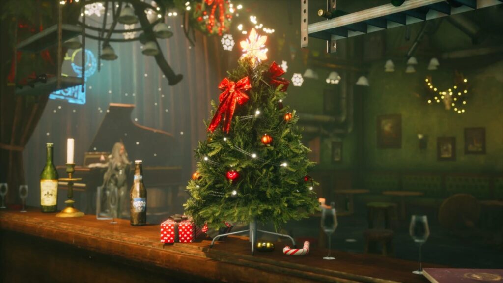 A Christmas tree sits on the bar of The Last Gulp in Xion.