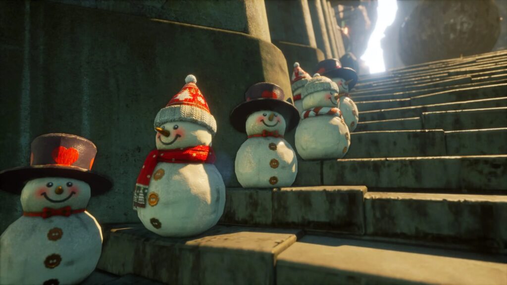 Snowmen lining stairs in Xion.