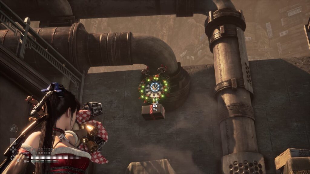 Eve shoots a holiday-themed target in a Stellar Blade mini-game.