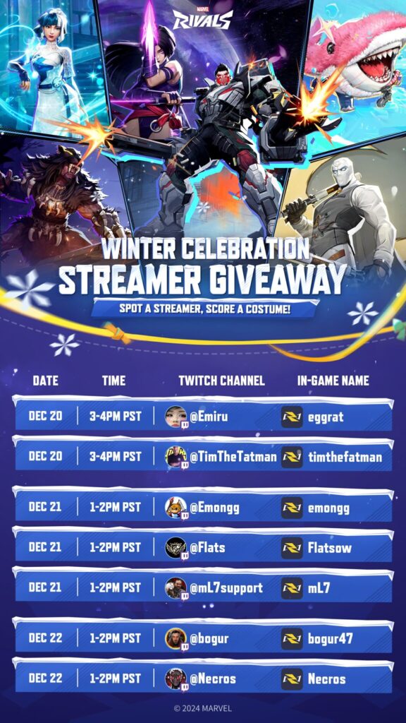 The streamers and times to secure a free hero costume during the Marvel Rivals Winter Celebration.