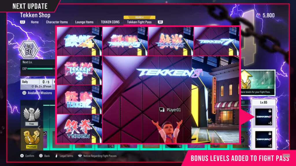 The screenshot from the fighting game TEKKEN 8 shows bonus tiers being added to the Fight Pass: additional rewards for the players who unlocked all usual tiers in the battle pass season.