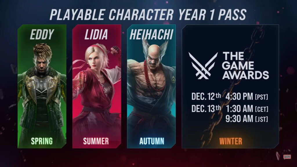 The image shows TEKKEN 8 characters of Season 1 (Eddy, Lidia, and Heihachi) plus the reveal date for the new character: Dec.12, during The Game Awards 2024