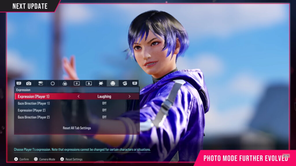 The screenshot shows the TEKKEN 8 character Reina in the game’s Photo Mode: with the menu for changing her facial expression.