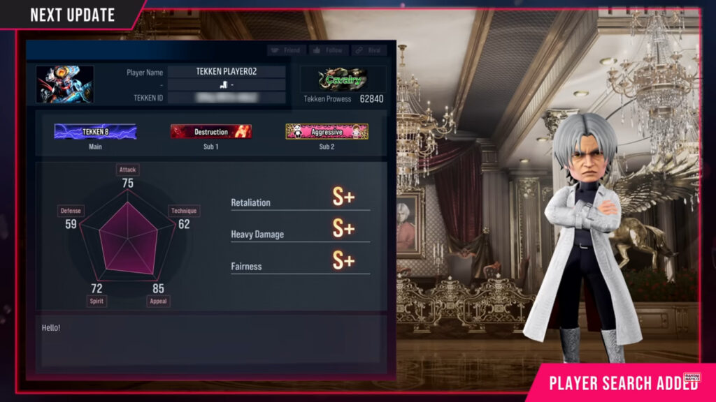 The image shows a quality-of-life update for TEKKEN 8: the possibility to search a specific person by their Player Name. It’s a screenshot of a player profile: it was found via this feature