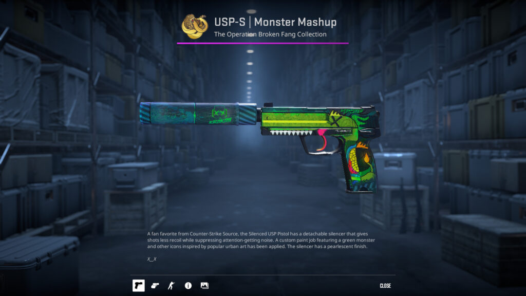 Christmas CS2 Skin - USP-S Monster Mashup, a green pistol.