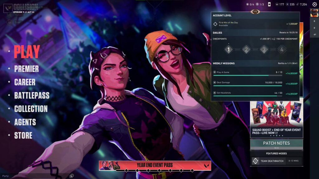 Challenges and missions on the VALORANT home screen.