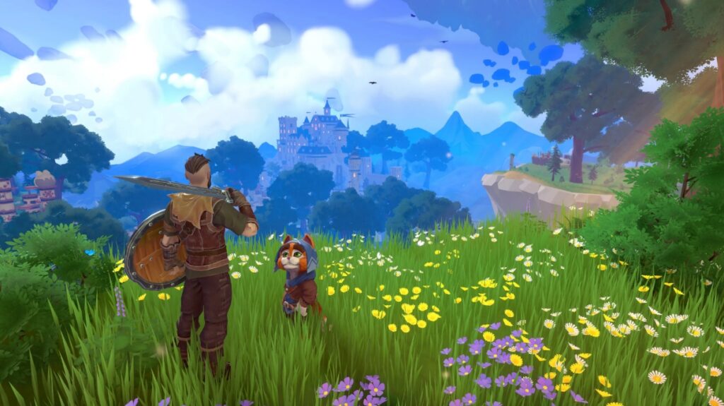 An adventure and cat stand in front of a view of a castle in WorldShards