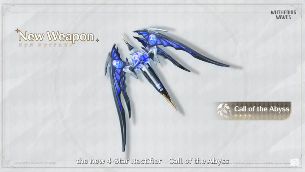 The image features an art poster for a new weapon in the game Wuthering Waves: rectifier Call of the Abyss
