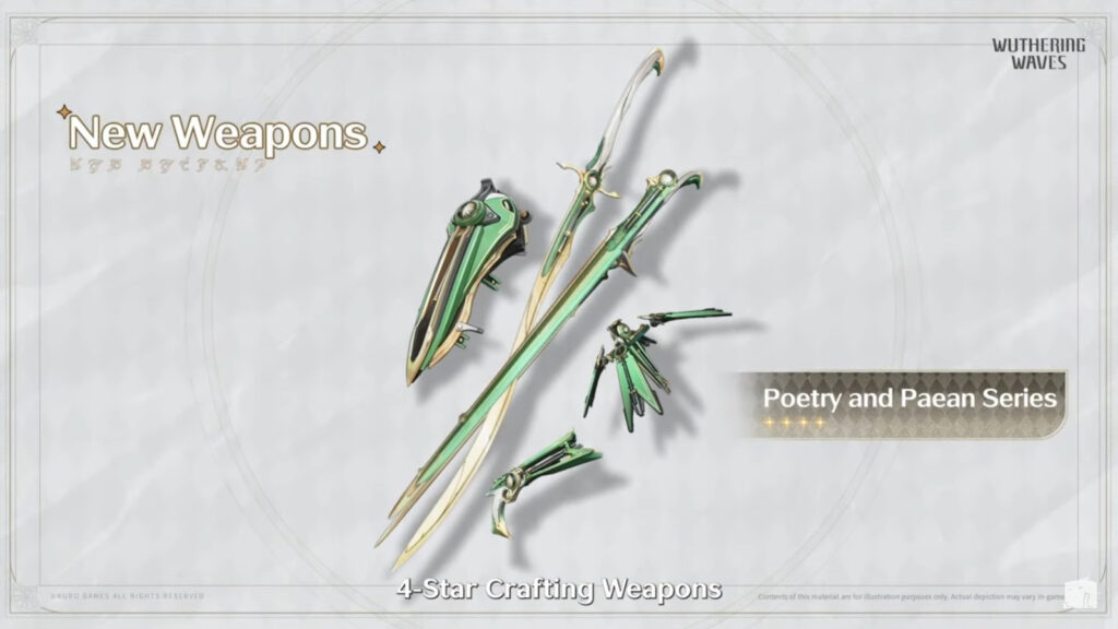 The image features an art poster for a new weapon in the game Wuthering Waves: crafting set Poetry and Paean
