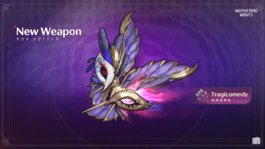 The image features an art poster for a new weapon in the game Wuthering Waves: gauntlets Tragicomedy