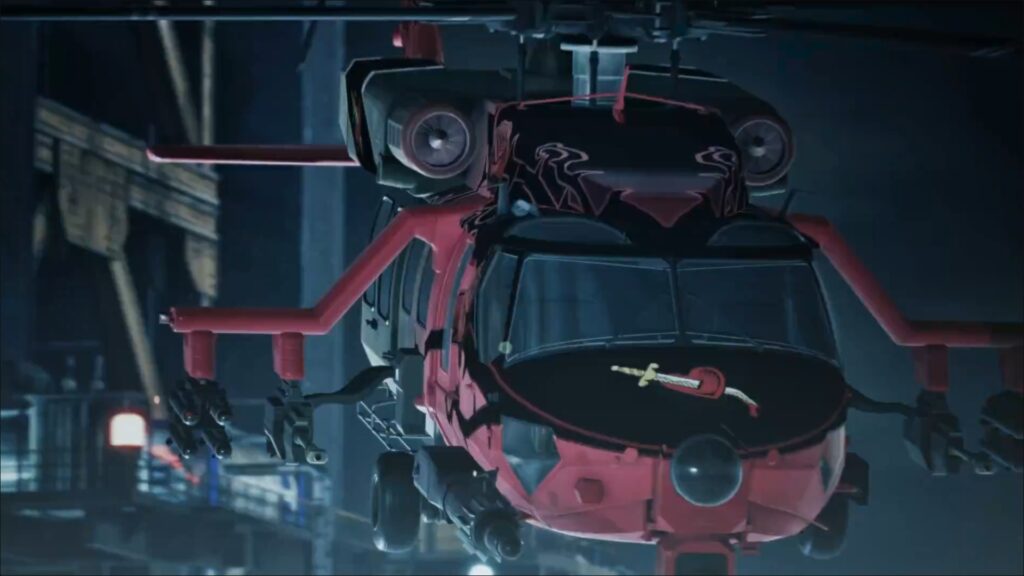 red and black helicopter with a heart with a dagger through it on the front