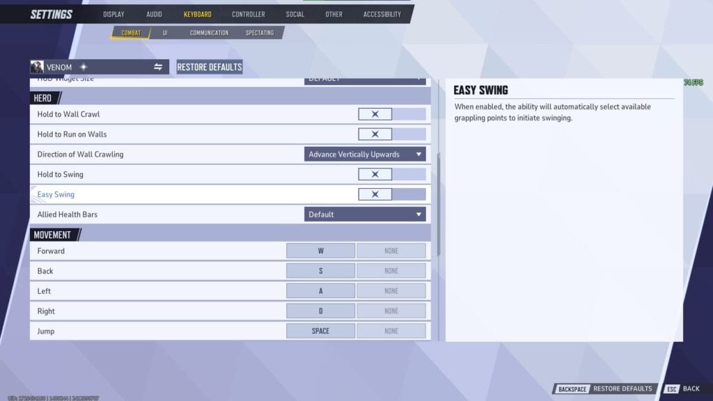 The Easy Swing setting turned off for Venom in Marvel Rivals.