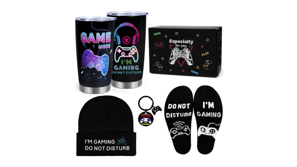 gamer kit with bottle, socks, bennie and keychain