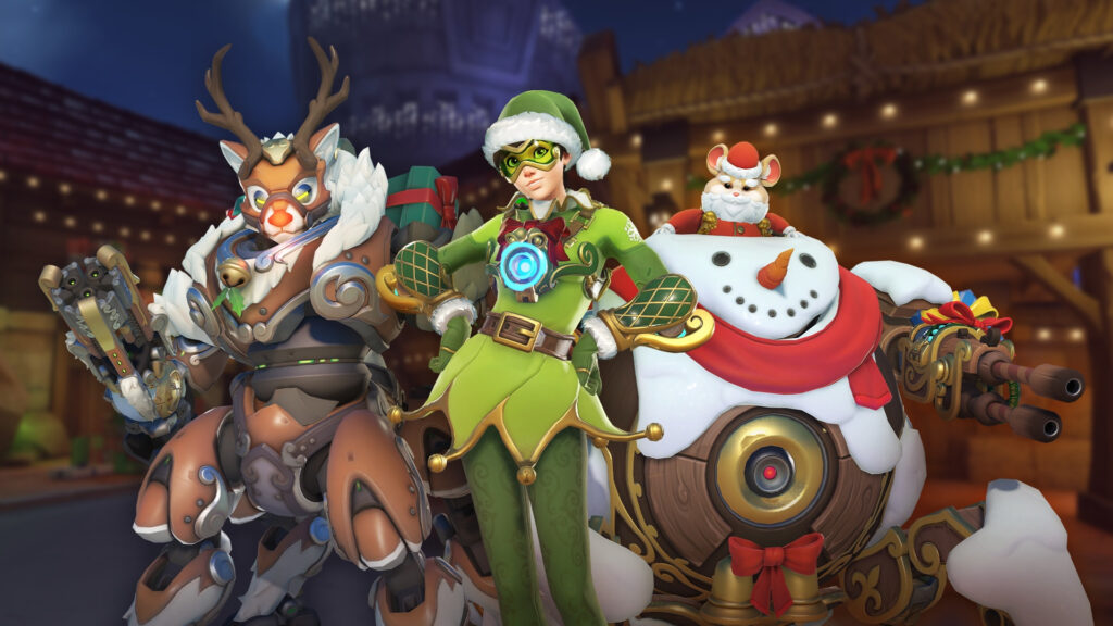 Holiday skins for Orisa, Tracer, and Wrecking Ball