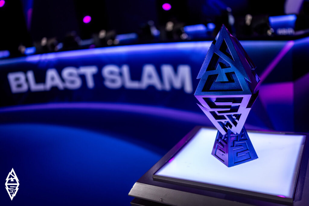 The BLAST Slam trophy on a plinth.