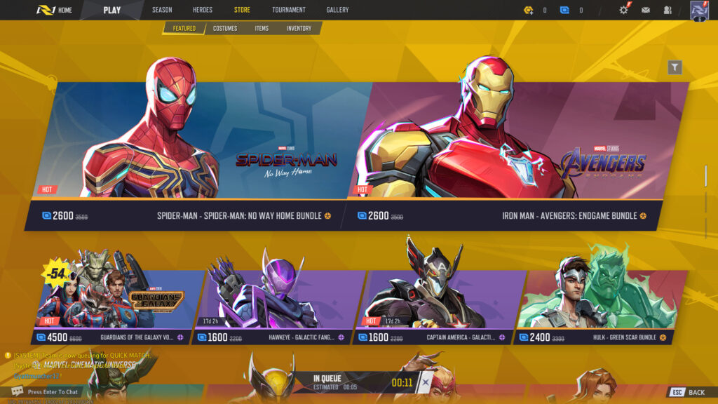 The Marvel Rivals storefront page in-game.