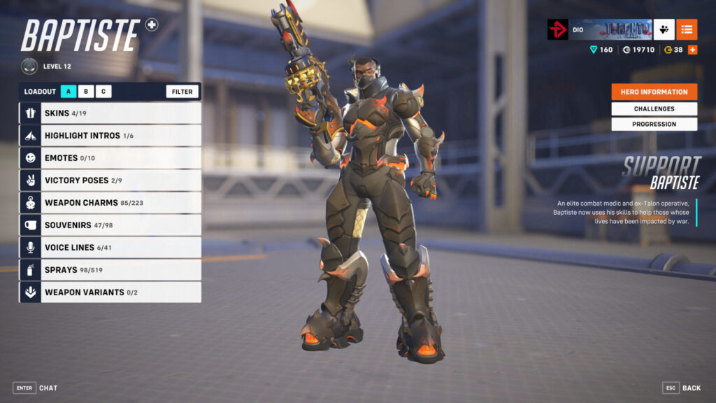Screenshot of Baptiste's Scorpion skin in Overwatch 2 