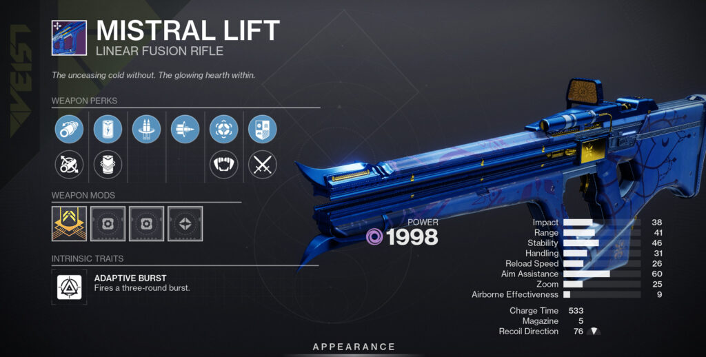 The Mistral Lift linear fusion rifle in Destiny 2.