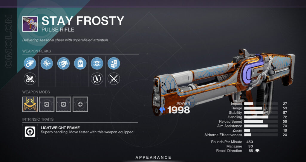 The Stay Frosty pulse rifle in Destiny 2.