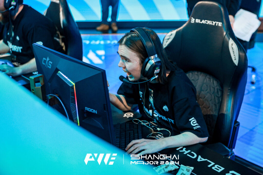 Donk celebrates after winning a round for Spirit at the Shanghai Major.