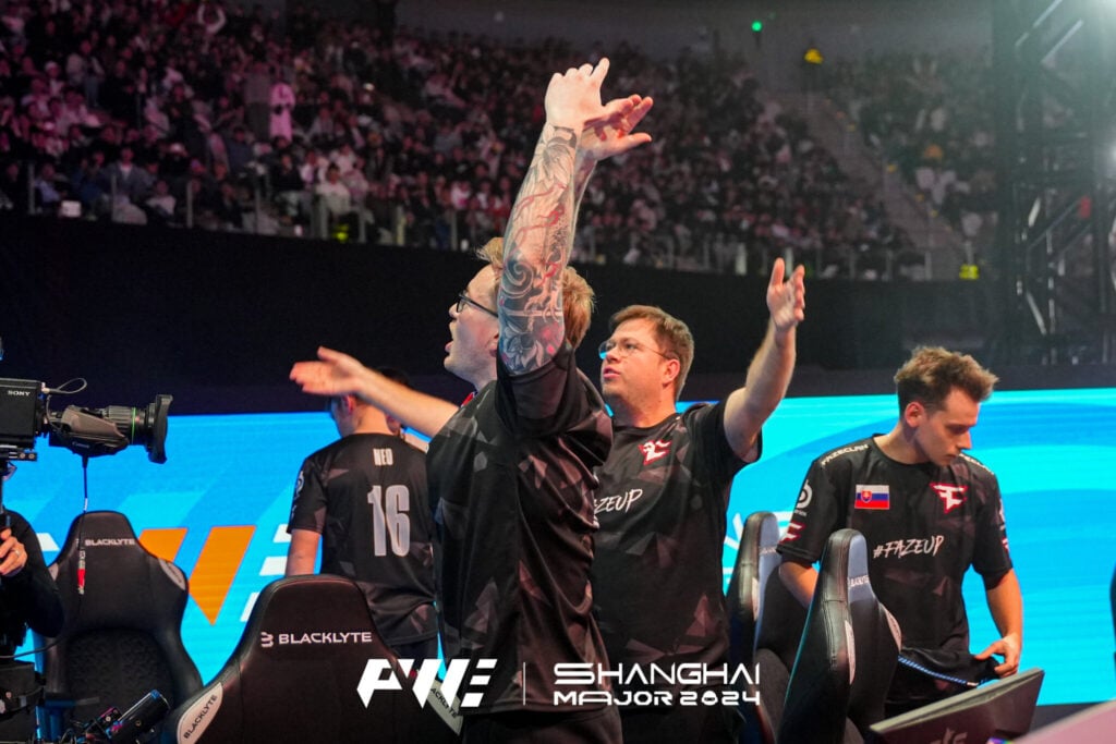 Rain hypes up the crowd after a FaZe win at the Shanghai Major.