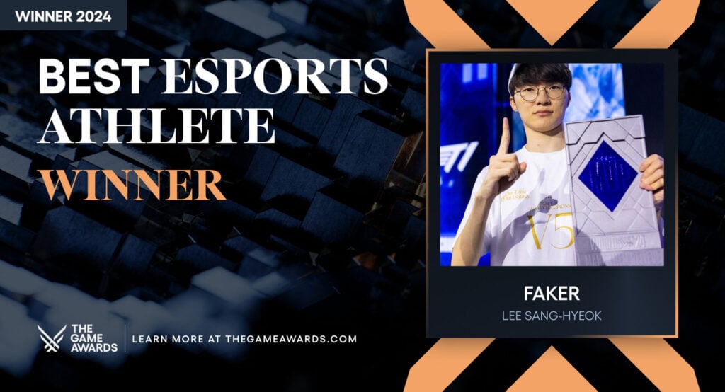 Faker announced as Best Esports Athlete by The Game Awards 2024.