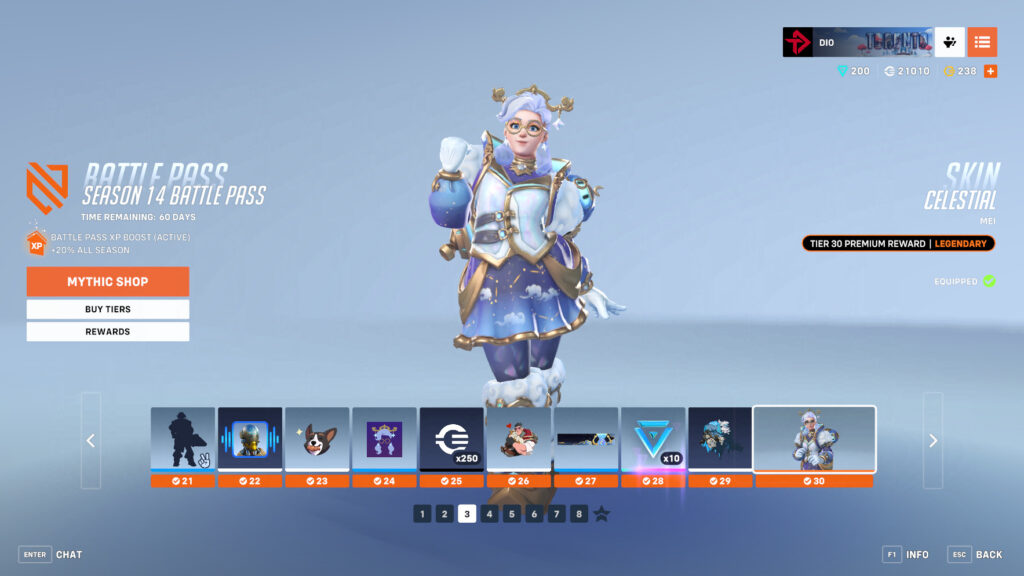 Screenshot of the Celestial Mei skin in Overwatch 2 
