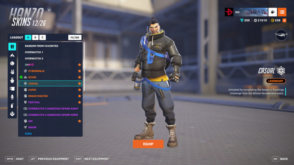 Screenshot of the Casual Hanzo skin in Overwatch 2 