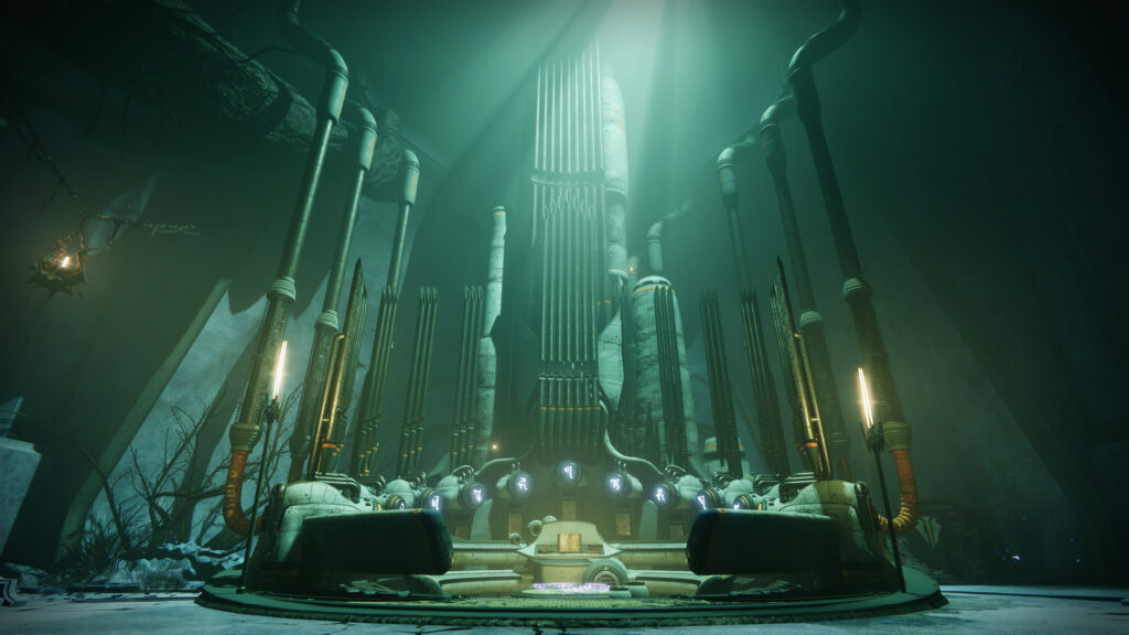 A large organ sits in the middle of a massive room in a Destiny 2 Exotic mission.