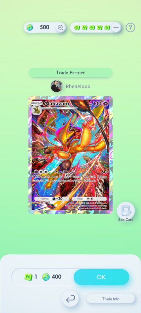 A player can confirm the trade of Alakazam.