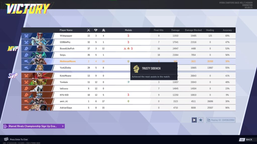 Rocket Raccoon with 28 assists in a ranked match of Marvel Rivals.
