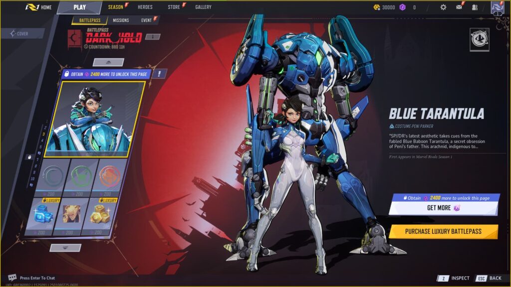 Blue Tarantula Peni Parker Costume in the Marvel Rivals Season 1 Battlepass.