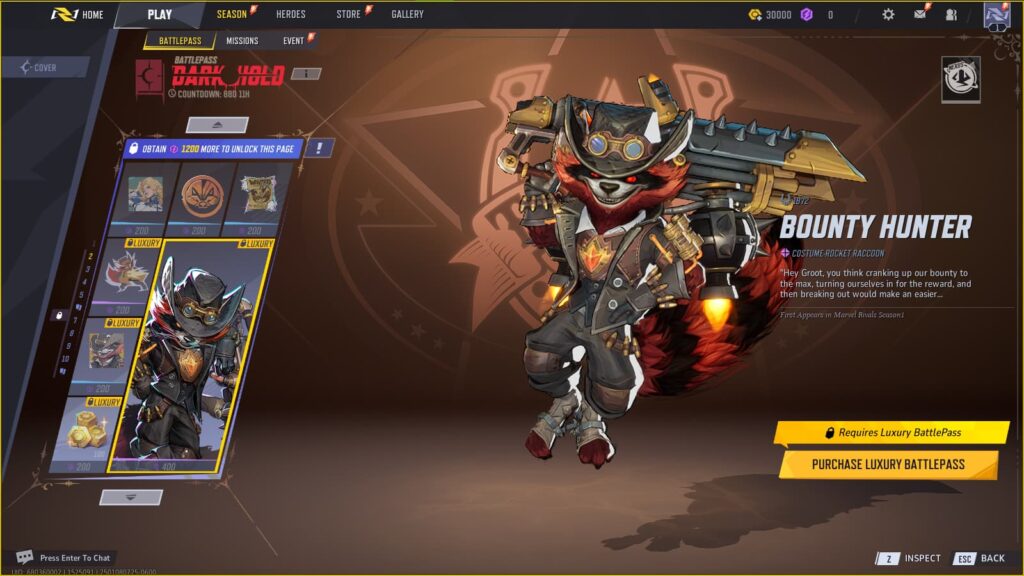 Bounty Hunter Rocket Raccoon Costume in the Marvel Rivals Season 1 Battlepass.