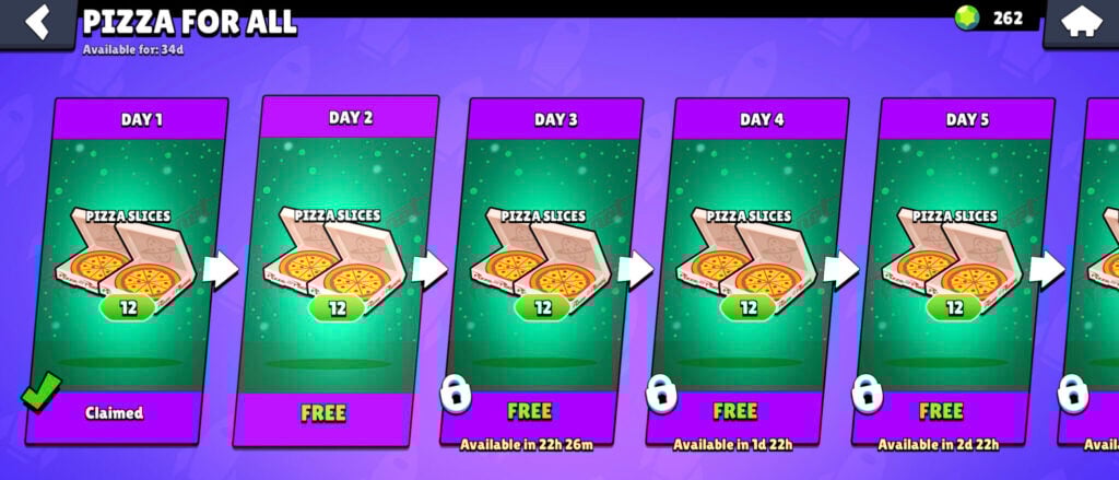 The screenshot shows free pizza in Brawl Stars: rewards during the time-limited Pizza Planet event