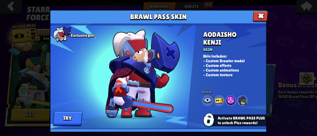 The screenshot shows the Aodaisho Kenji skin for the Brawl Stars character Kenji. It’s the final reward of the new Brawl Pass season for the Premium Plus subscription