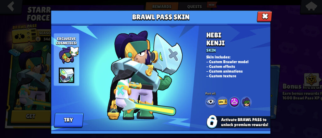 The screenshot shows a skin for the Brawl Stars character Kenji. It’s the final reward of the new Brawl Pass season