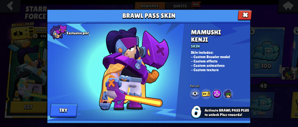 The screenshot shows the Mamushi Kenji skin for the Brawl Stars character Kenji. It’s the final reward of the new Brawl Pass season for the Premium Plus subscription
