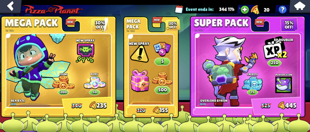 The in-game shop of the Brawl Stars Pizza Planet event — example of possible skins