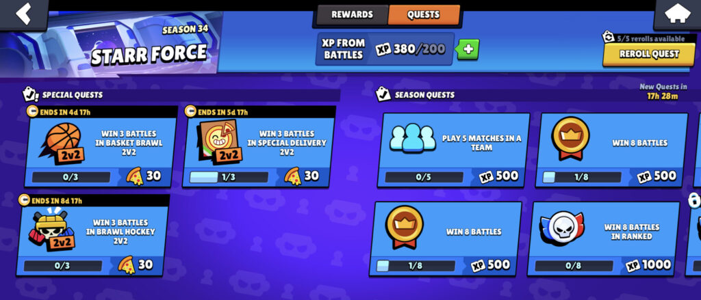 The screenshot shows examples of game quests during the new Brawl Stars season: Starr Force Brawl Pass