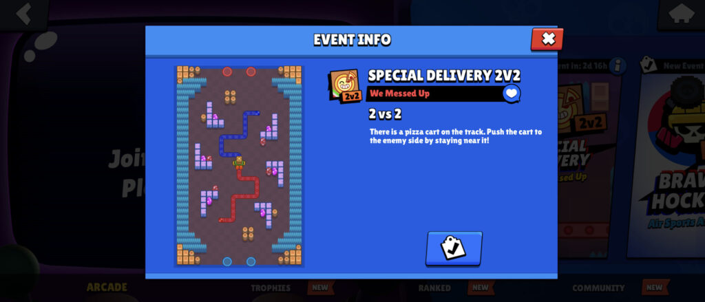 The image is a screenshot from the game Brawl Stars. It shows details of a time-limited game mode Special Delivery, which is active during the Brawl Stars Pizza Planet event of the game’s Season 34.