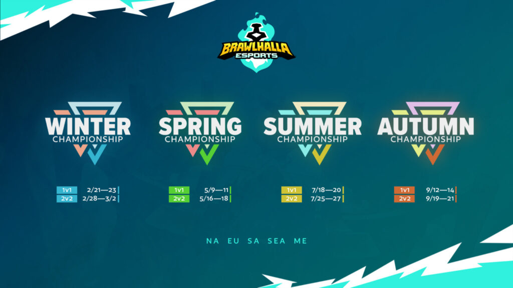 The image shows the schedule for the Seasonal Championships during Brawlhalla Esports Year Ten