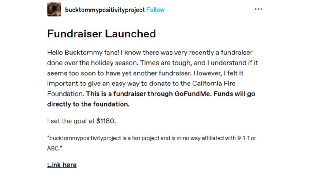 Screenshot of the post indicating that BuckTommy fandom launched a GoFundMe for the California Fire Foundation