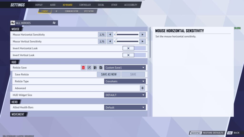 The menu to change your crosshair in Marvel Rivals.