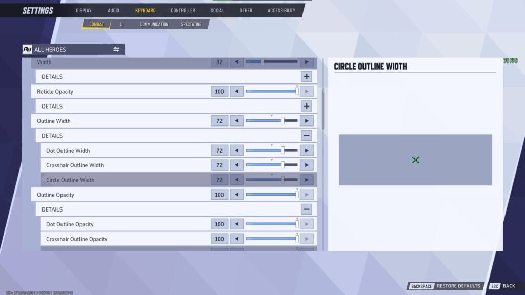 Several of the options to change your crosshair in Marvel Rivals.