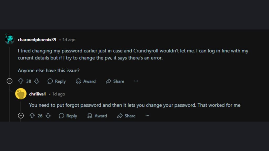 Crunchyroll password reset issue screenshot 